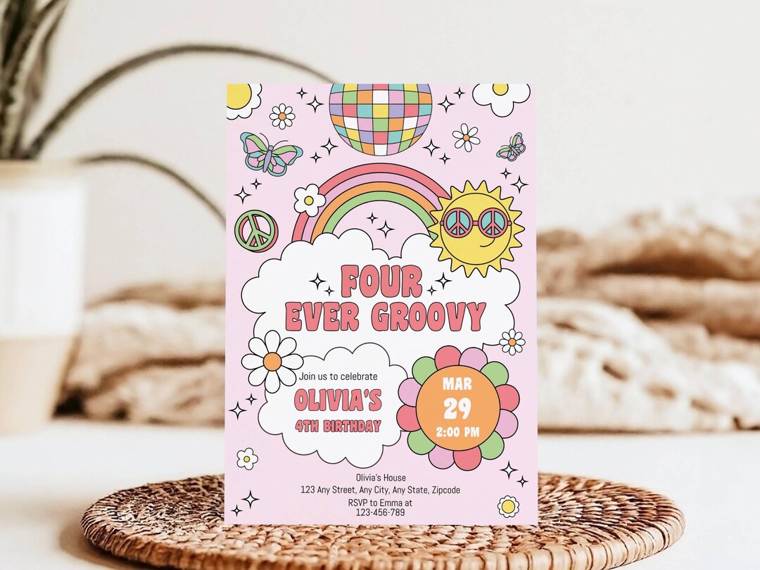 Editable Four Ever Groovy Fourth Birthday Party Invitation Retro Boho ...