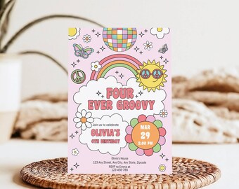 Editable Four Ever Groovy Fourth Birthday Party Invitation Retro Boho Hippie Flower Bday Invite 60s 70s Pink Rainbow Digital Download A125