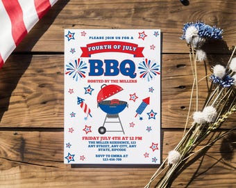 Invitación editable para barbacoa del 4 de julio, celebración del Día de la Independencia, picnic de verano en el patio, plantilla imprimible, descarga instantánea