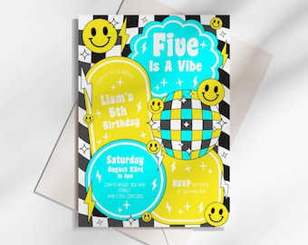 Retro Smiley Preppy 5th Birthday Party Invitation Five Is A Vibe Cool Dude Invite Happy Smiley Face Boys Editable Invite Digital Download