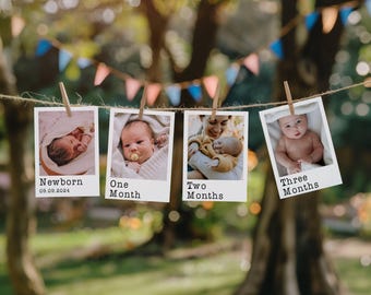 First Birthday Photo Banner Template Editable Baby's 1st Year Monthly Milestone Cards Printable Modern Simple Photo Garland Instant Download