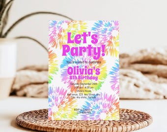 Printable Tie Dye Rainbow Birthday Invitation 90&#39;s Party Invite Kids Editable Template Fireworks Neon Tie Dye Burst Instant Download