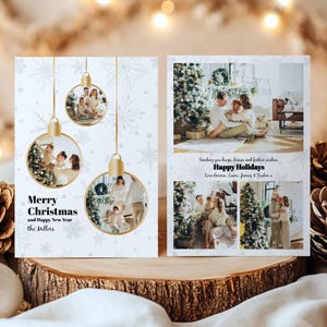 Plantilla de tarjeta navideña familiar con foto, tarjeta navideña de tres fotos, imprimible, Feliz Navidad, Feliz Año Nuevo, plantilla editable, descarga digital