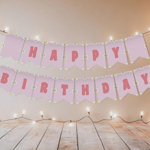 Bewerkbare licht roze groovy Daisy partij banner retro Boho bloem verjaardag teken afdrukbare Y2K jaren 60 70 partij decor digitale download A125