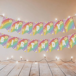 Bewerkbare Daisy Pastel Rainbow Groovy Party Banner Retro Boho Flower Verjaardag Teken Afdrukbare Y2K 60s 70s Party Decor Digitale Download A124