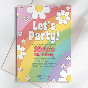 Invito per festa di compleanno modificabile con margherite arcobaleno pastello, invito per festa di compleanno con fiori, invito per qualsiasi età, download immediato A124