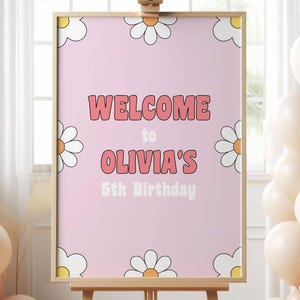 Letrero de bienvenida editable y moderno, estilo retro hippie, margaritas, decoración para fiestas, estilo bohemio, años 60 y 70, personalizable, descarga digital A125