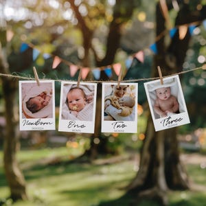 Modèle de bannière photo premier anniversaire 1ère année de bébé modifiable Cartes d'étape mensuelles imprimables Boho moderne guirlande photo téléchargement immédiat