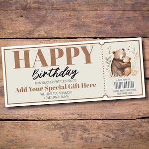 Editable Happy Birthday Cute Bears Gift Certificate Template Printable Papa Bear Personalized Bday Voucher Ticket Coupon Instant Download