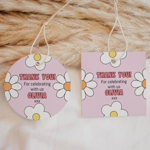 Bearbeitbare Groovy Gänseblümchen Danke Tag Runder Geburtstag Party Favor Label Retro Hippie Blume Runder quadratischer Aufkleber Digitaler Download A125