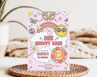 Invitación editable para la primera fiesta de cumpleaños de Groovy Babe, estilo retro, bohemio, hippie, con flores, para niña de los años 60 y 70, con arcoíris rosa, descarga digital A125