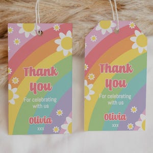 Bearbeitbarer Gänseblümchen-Pastell-Regenbogen Danke-Tag Groovy Blumen-Geburtstags-Gastgeschenk-Geschenk-Anhänger Retro Y2K 60er 70er Jahre Gepäckanhänger Digitaler Download A124
