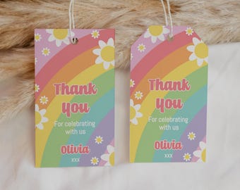 Bearbeitbarer Gänseblümchen-Pastell-Regenbogen Danke-Tag Groovy Blumen-Geburtstags-Gastgeschenk-Geschenk-Anhänger Retro Y2K 60er 70er Jahre Gepäckanhänger Digitaler Download A124