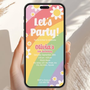 Invito elettronico per festa di compleanno con margherita pastello arcobaleno Groovy, invito modificabile con fiori, modello per smartphone Let's Party, download immediato A124