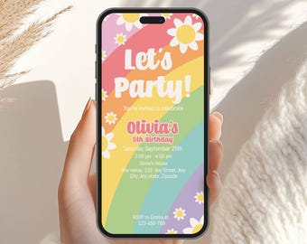 Electronic Daisy Pastel Rainbow Groovy Birthday Party Invitation Editable Flower Evite Let&#39;s Party Smartphone Template Instant Download A124