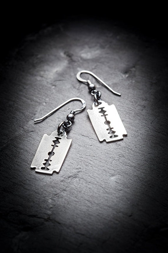 Punk Rock Emo Goth Razor Blade Earrings - 2 3/4 Drop