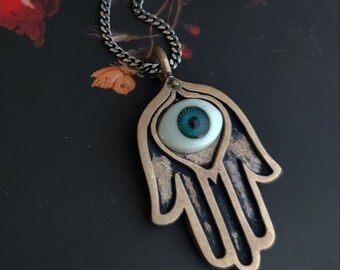 sale- HAMSA- Bronze hand with eye necklace