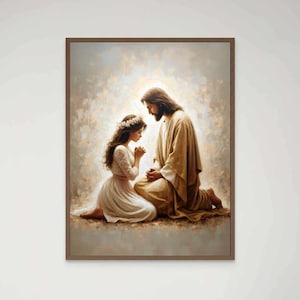 Jesus and Woman, Modern Christian Art, Jesus Praying with Girl, Picture of Jesus, LDS Painting, Bible Art, Jesus and Girl, Christian Prints
