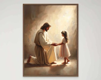 Gentle Saviour, Christian Art, Jesus with Girl, Jesus Wall Art, LDS Art, Bible Painting, Christian Posters, Jesus Picture, Christian Prints