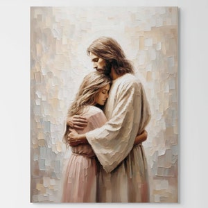 Jesús abraza a una mujer, pintura cristiana, arte de niña Jesús, pintura de Jesús, arte mormón, arte mural con versículos bíblicos, arte mural de Jesús, Jesús sana a una mujer