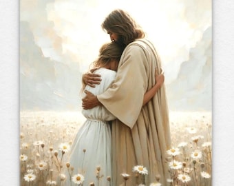 He Loves You, Christian Painting, Jesus Hugging Girl, Picture of Jesus, LDS Art, Bible Wall Art, Jesus Poster, Jesus with Woman, Jesus Art