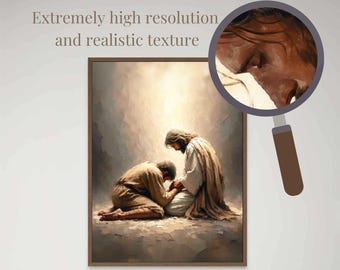 May include: A painting depicting two figures, one kneeling and the other standing with their hand on the kneeling figure's shoulder. The painting is done in a realistic style with warm colors.