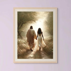 Jesus Walking with Woman, Christian Art, Jesus with Black Girl, African American Art, Bible Art, Picture of Christ, Jesus Art, Jesus Prints