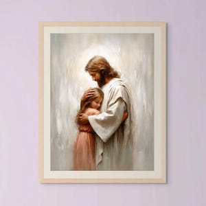 Verenigd in geloof | Christelijke muurkunst | Jezus met kinderen | Jezus downloaden | Jezus knuffelt meisje | Bijbelmuurkunst | Katholieke kunst | Jezusprenten