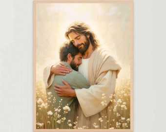 Figlio di Gesù, Arte cristiana, Gesù che abbraccia un uomo, Dipinto di Gesù, Stampe LDS, Arte biblica, Download cristiano, Stampa di Gesù, Decorazioni cristiane