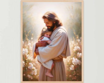 One with Jesus, Modern Christian Art, Jesus with Girl, Jesus Picture, LDS Wall Art, Bible Art, Jesus and Children, Jesus Painting, Jesus Art