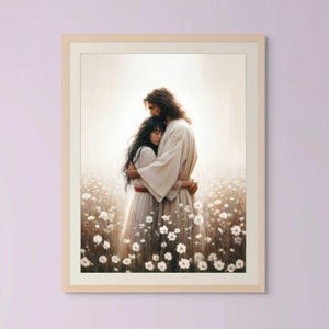 Hij kent je hart, christelijke muurkunst, Jezus met Aziatisch meisje, afbeelding van Jezus, Jezus knuffelend meisje, bijbelkunst, Jezus met vrouw, Jezuskunst