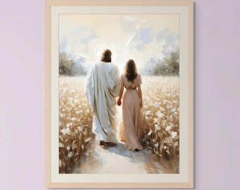Vicino a Lui, Arte Cristiana, Gesù che cammina con una donna, Stampe di Gesù, Arte murale LDS, Arte murale con versetti della Bibbia, Gesù con una donna, Gesù acquerello