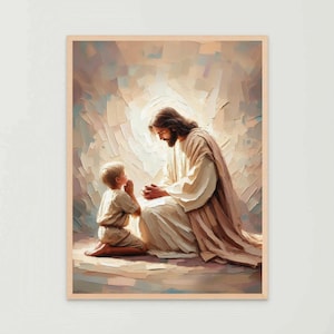 Puede incluir: Una obra de arte enmarcada que representa una escena religiosa. Muestra una figura con túnicas blancas, pelo largo y barba, sentada y mirando a un niño arrodillado. El niño también viste túnicas blancas, con las manos juntas en oración. El fondo es un espacio suave y lleno de luz.