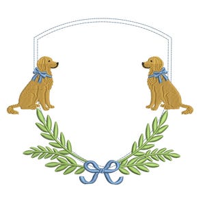 May include: Embroidered design featuring two golden retriever dogs with blue bows, flanking a green leaf wreath with a blue bow. The design is set against a white background, suitable for various craft projects.