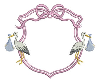 May include: Pink and white stork embroidery design with a pink ribbon bow and a blank space for personalization. The storks are holding blue baby bundles.