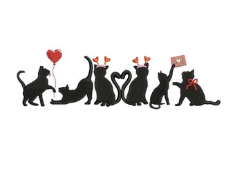 May include: Six black cats with red hearts on their heads, one holding a red heart balloon, one holding a letter, and two with their tails intertwined in a heart shape.
