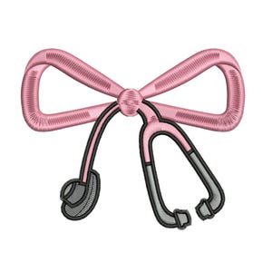 May include: Pink bow with a stethoscope in the center. The stethoscope is gray.