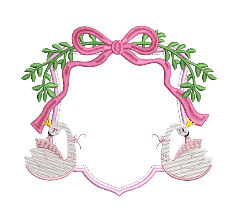 May include: A pink and green embroidered design featuring two white swans with crowns, a pink bow, and a blank shield-shaped frame.