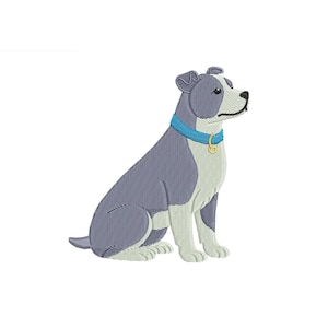 May include: An embroidered design of a seated dog with a blue and gray color scheme. The dog wears a blue collar with a gold-colored tag. The dog is sitting upright with its tail to the left.