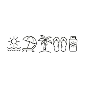 May include: A collection of line art icons representing summer and beach elements. The icons include a sun over waves, a beach umbrella and lounge chair, a palm tree, a pair of flip-flops, and a bottle of sunscreen.