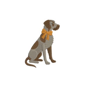 May include: An embroidered image of a seated dog with brown and white markings, wearing a bright orange bow tie. The dog is facing right, with its tail curled. The background is plain white.
