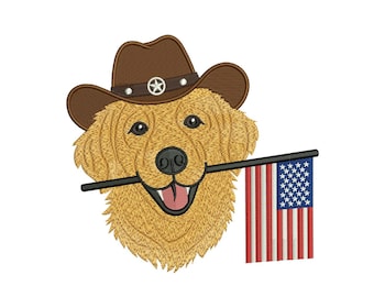 Op de afbeelding: Een golden retriever met een bruine cowboyhoed met een witte ster en een Amerikaanse vlag in zijn bek. De vlag heeft rode en witte strepen en een blauw veld met witte sterren.