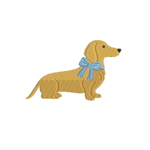 May include: Embroidered dachshund dog in a side profile, featuring a light brown body and a light blue bow tie. The dog has a textured appearance, with a black nose and eyes, set against a white background.