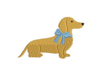 May include: Embroidered dachshund dog in a side profile, featuring a light brown body and a light blue bow tie. The dog has a textured appearance, with a black nose and eyes, set against a white background.