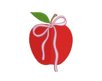 Puede incluir: Manzana roja bordada con una hoja verde y un lazo rosa sobre fondo blanco. El diseño de la manzana es de color rojo liso con un aspecto texturizado.
