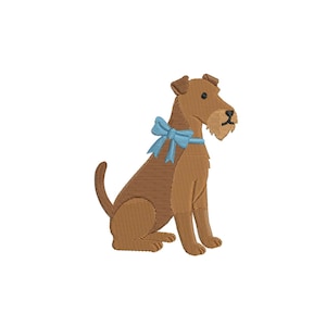 May include: A brown dog embroidery design with a light blue bow around its neck. The dog is sitting upright with its tail curled. The embroidery has a textured appearance, and the background is white.