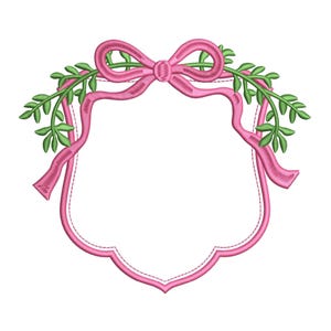May include: A pink ribbon tied in a bow with green leafy branches on either side of a white frame. The frame has a scalloped edge.