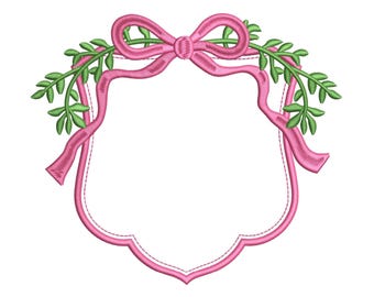 Bow Wreath Crest Frame Embroidery Design Floral Ribbon Crest Frame Embroidery File For DST Baby Door Hanger PES Wedding Banner Crest Frame
