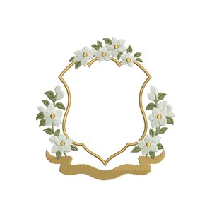 May include: Embroidered floral frame with white flowers, green leaves, and a gold ribbon. The frame has a gold outline and a blank center, perfect for personalization. Ideal for embroidery projects, scrapbooking, or invitations.