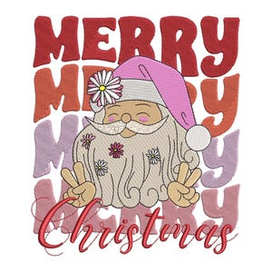 May include: A pink and white gnome with a flower crown and peace signs, with the text "Merry Christmas" in red letters.
